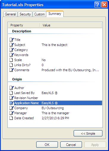 Add custom document property excel